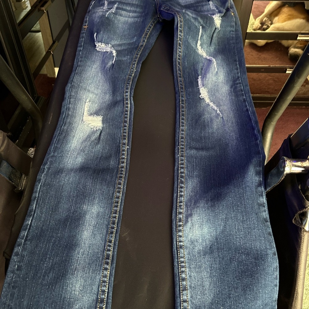 Cowgirl Tuff Women's Blue Distressed Boot Cut Jeans Gold n Tuff 26x35